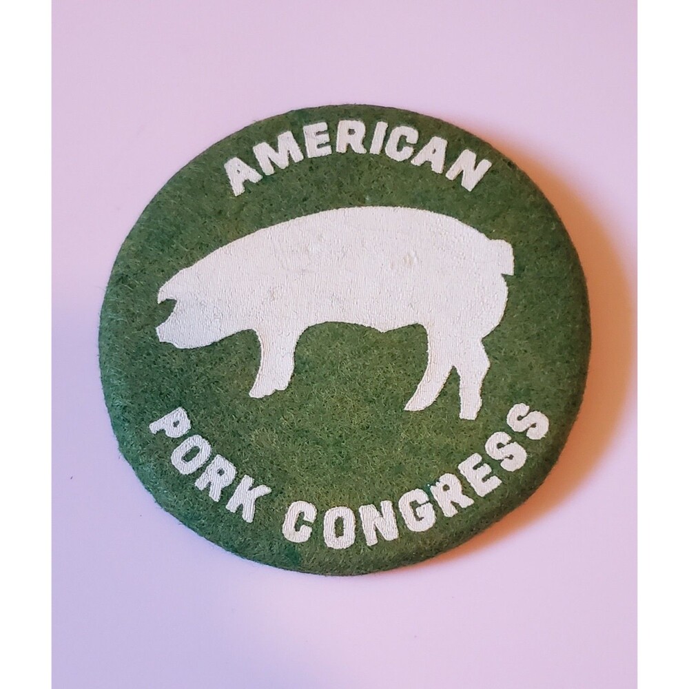 Vtg American Pork Congress Pin Green Felt Button Pig Hog Farmer FFA White Emblem